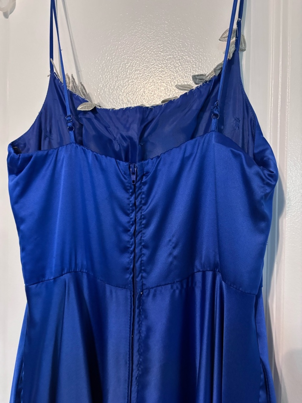 B Darlin Royal Blue Satin Maxi Dress Slit Spaghetti Strap Formal pockets Size 4 - Picture 7 of 13